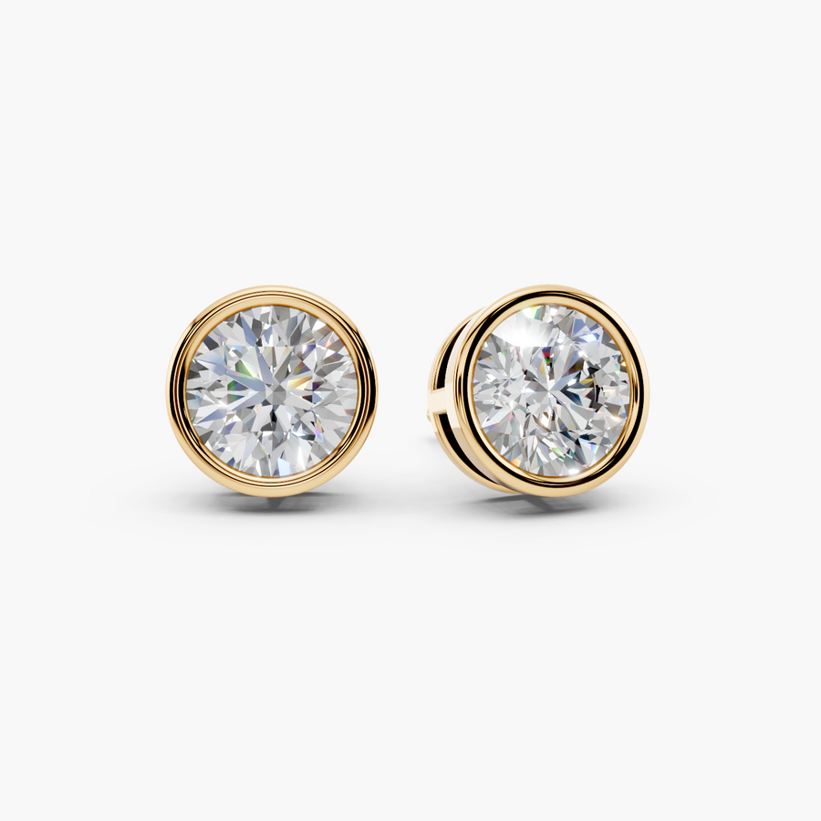 Lab Diamond Round Bezel 4-Prong Pushback Stud Earrings - Pair View