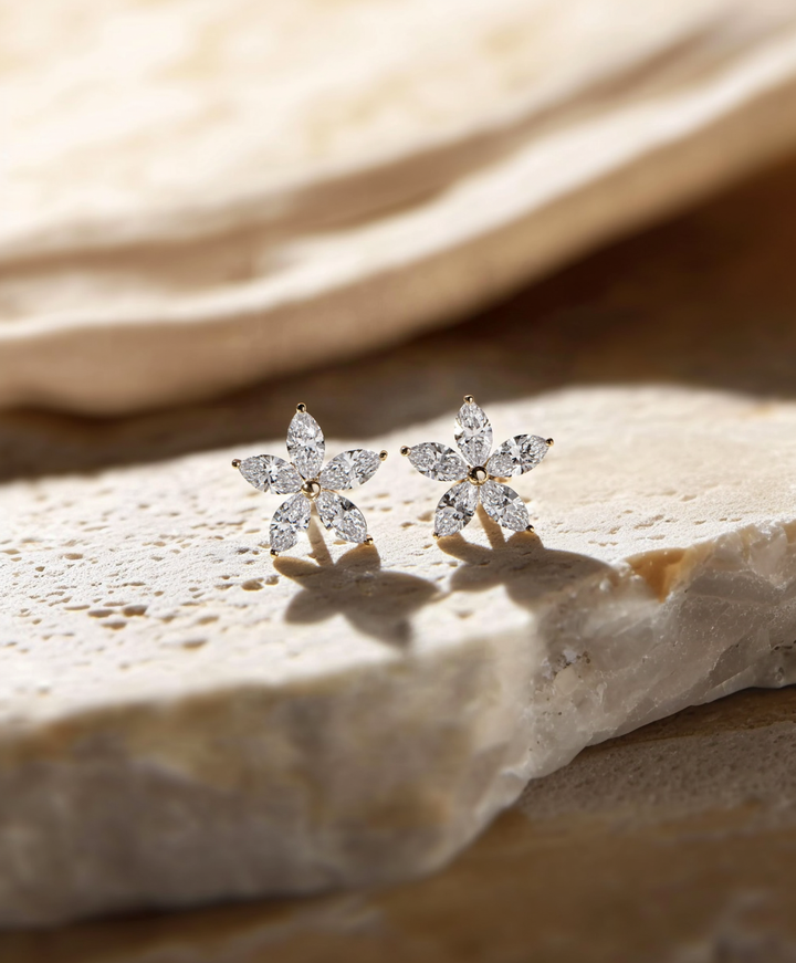 1ct Marquise Cut Floral Diamond Stud Earrings