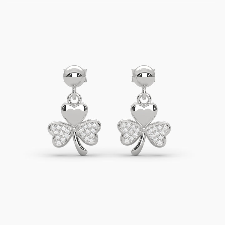 0.2ct Round Lab Diamond 3 Leaf Clover Dangle Earrings | Screw Back Earrings | 14k Gold