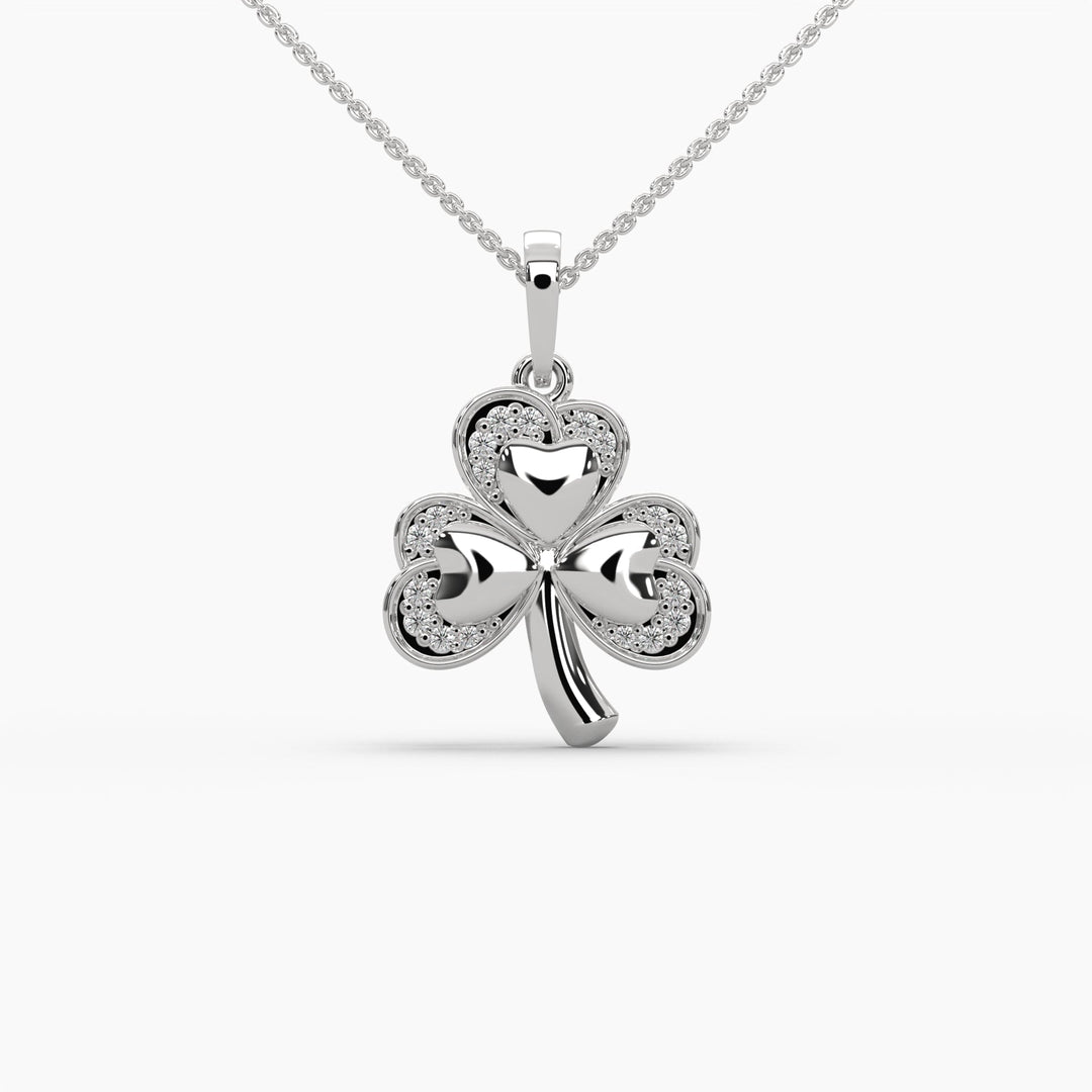 0.1ctw Round Lab Grown Diamond 3 Leaf Clover Pendant Necklace | 14k White Gold