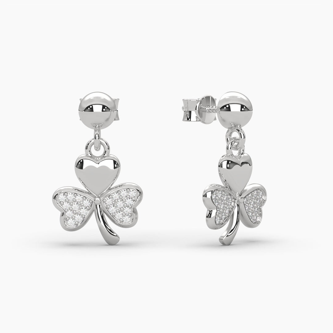 0.2ct Round Lab Diamond 3 Leaf Clover Dangle Earrings | Screw Back Earrings | 14k Gold